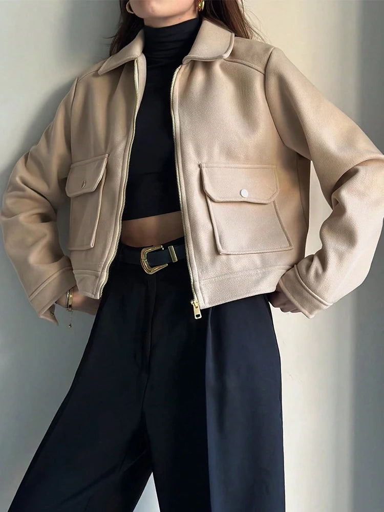 Jaqueta Feminina SLTNX com Zíper – Casaco Curto e Elegante de Inverno, Estilo Street, com Mangas Longas e Bolsos