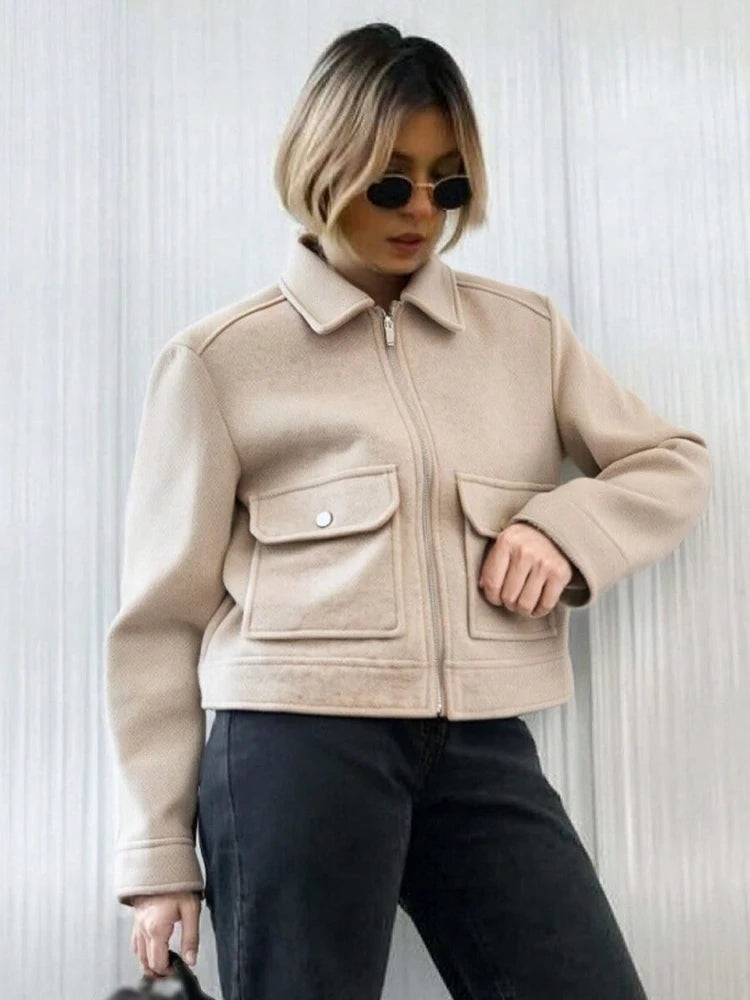 Jaqueta Feminina SLTNX com Zíper – Casaco Curto e Elegante de Inverno, Estilo Street, com Mangas Longas e Bolsos