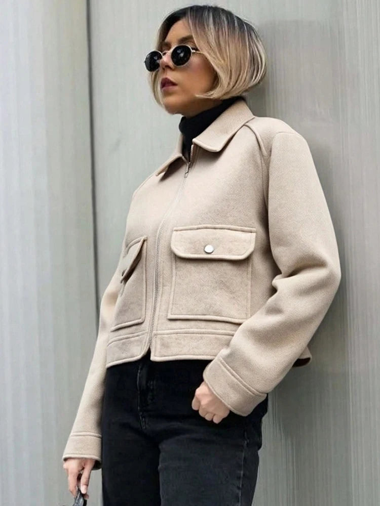 Jaqueta Feminina SLTNX com Zíper – Casaco Curto e Elegante de Inverno, Estilo Street, com Mangas Longas e Bolsos