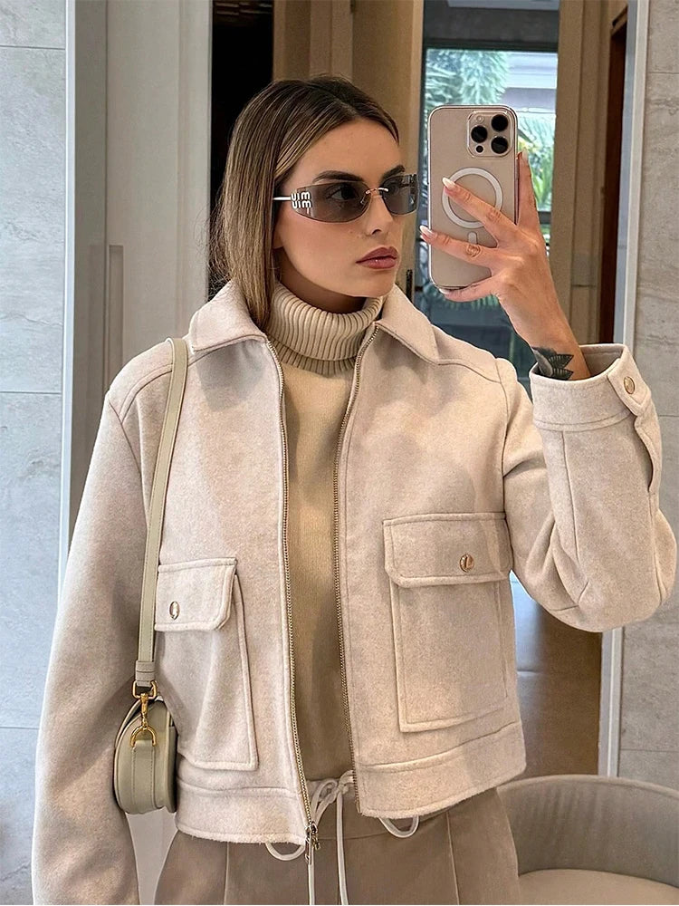 Jaqueta Feminina SLTNX com Zíper – Casaco Curto e Elegante de Inverno, Estilo Street, com Mangas Longas e Bolsos