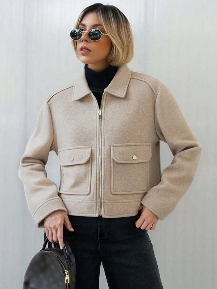 Jaqueta Feminina SLTNX com Zíper – Casaco Curto e Elegante de Inverno, Estilo Street, com Mangas Longas e Bolsos
