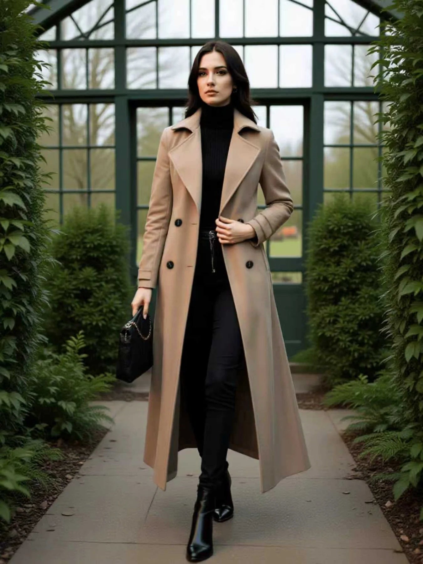 Trench coat de lã feminino com abotoamento duplo e tecido encorpado — peça de moda para outono/inverno que transmite elegância e suavidade.