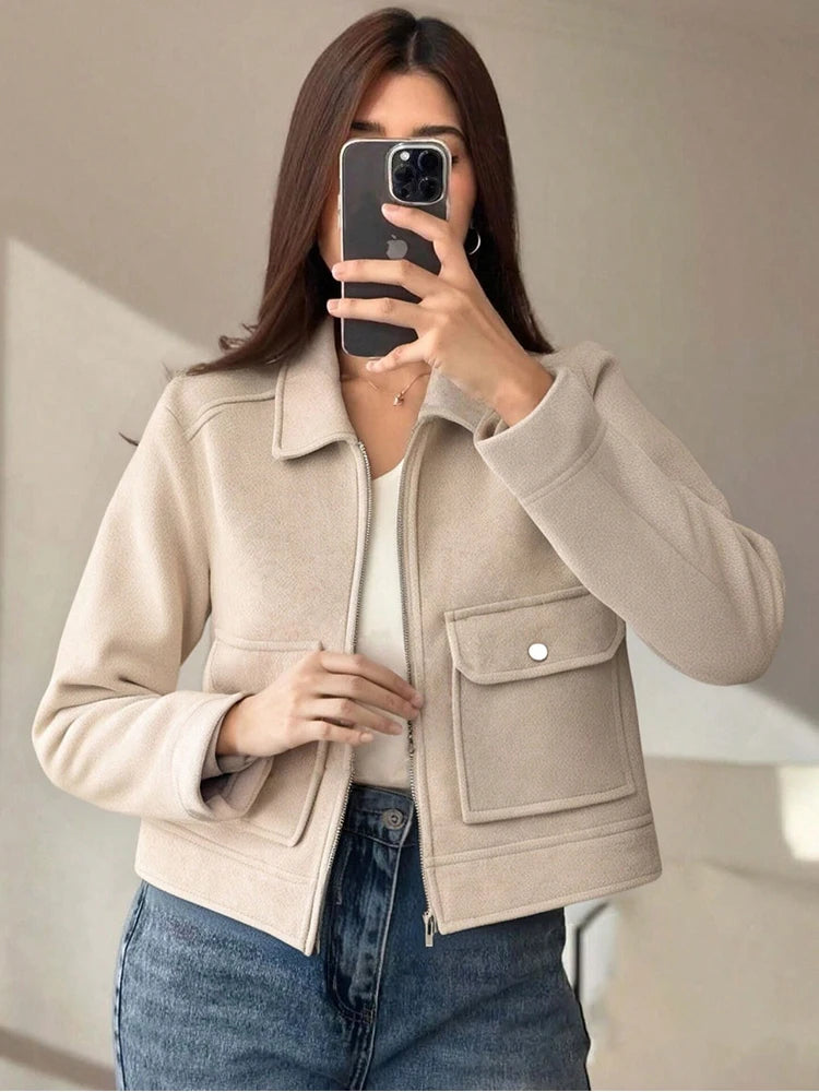 Jaqueta Feminina SLTNX com Zíper – Casaco Curto e Elegante de Inverno, Estilo Street, com Mangas Longas e Bolsos