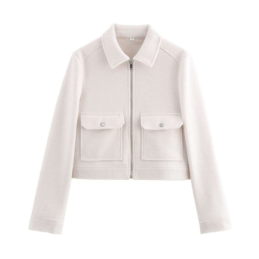Jaqueta Feminina SLTNX com Zíper – Casaco Curto e Elegante de Inverno, Estilo Street, com Mangas Longas e Bolsos